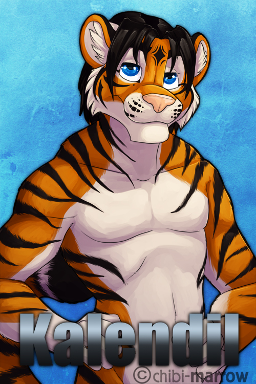 blue_background blue_eyes chibi-marrow feline kalendil male nude plain_background smile solo tiger