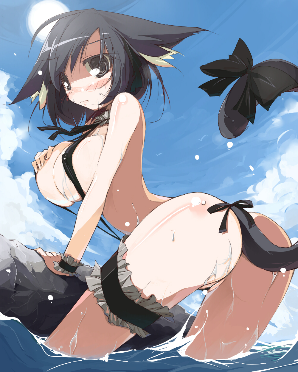animal_ears ass blush breasts cat_ears cat_tail endou_chihiro highres large_breasts looking_back nana_(endou_chihiro) original slingshot_swimsuit solo swimsuit tail water wet