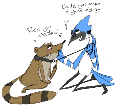 angry avian bird blue_jay dialog dialogue gay leash male mammal middle_finger mordecai raccoon regular_show rigby text the_finger