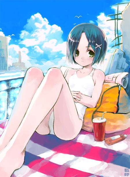 artist_name bag bare_shoulders barefoot bird black_hair building cloud day green_eyes koin_(foxmark) one-piece_swimsuit original short_hair signature sitting sky solo swimsuit water white_swimsuit