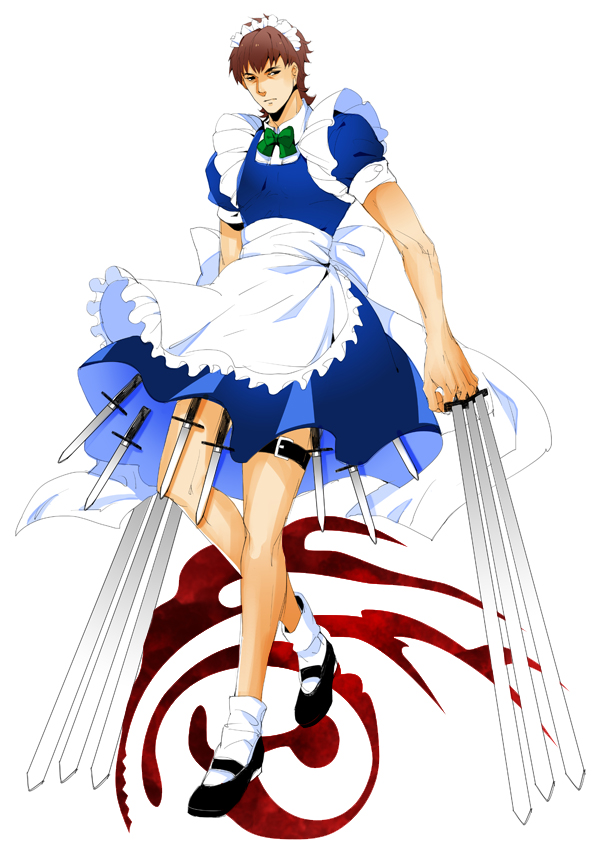 alternate_costume apron balusah between_fingers black_keys brown_eyes brown_hair command_spell cosplay crossdressing dagger enmaided fate/zero fate_(series) izayoi_sakuya izayoi_sakuya_(cosplay) kotomine_kirei maid maid_headdress male_focus solo thigh_strap touhou weapon