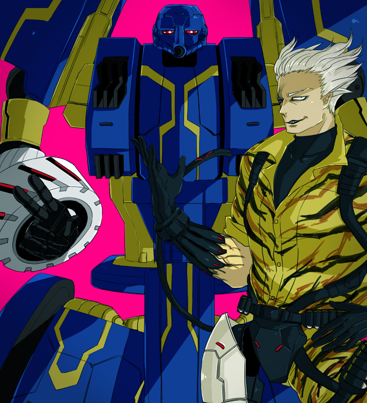 anarchy_reigns cybernetic durga_(max_anarchy) garuda grin jacket looking_at_viewer max_anarchy red_eyes robot sega sharp_teeth smile tail turtleneck v