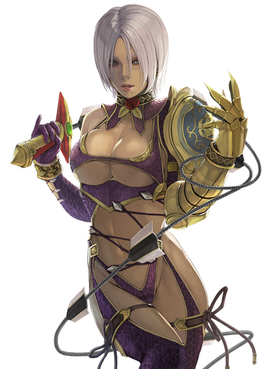 armor bad_id bad_pixiv_id bare_hips blue_eyes breasts choker gauntlets grey_hair isabella_valentine large_breasts navel revealing_clothes short_hair shoulder_armor silver_hair solo soulcalibur soulcalibur_iv take_no_ko_(dodon) underboob whip_sword