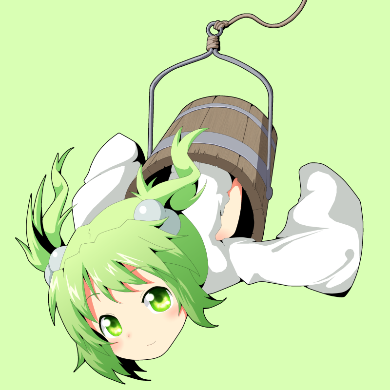 blush bucket green_eyes green_hair hair_bobbles hair_ornament kisume long_sleeves rope short_hair silane smile solo touhou twintails upside-down wide_sleeves wooden_bucket