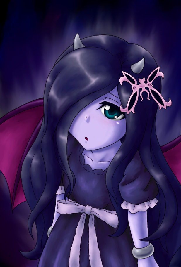 1girl bat_wings black_hair blush bracelet collarbone dress duel_monster expressionless fabled_krus female from_above green_eyes hair_ornament hair_over_one_eye horns jewelry lolita_fashion long_hair long_image looking_at_viewer monster_girl open_mouth pataniito pataryouto puffy_sleeves purple_skin ribbon short_hair solo standing tall_image wings yu-gi-oh! yuu-gi-ou_duel_monsters