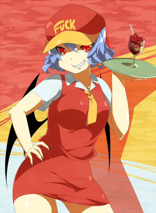 alternate_costume bad_id bad_pixiv_id bat_wings blue_hair clothes_writing contemporary eiri_(eirri) english evil_grin evil_smile food fruit glass grin hat ice_cream profanity remilia_scarlet shaded_face short_hair short_sleeves smile solo spoon strawberry sundae touhou tray wings