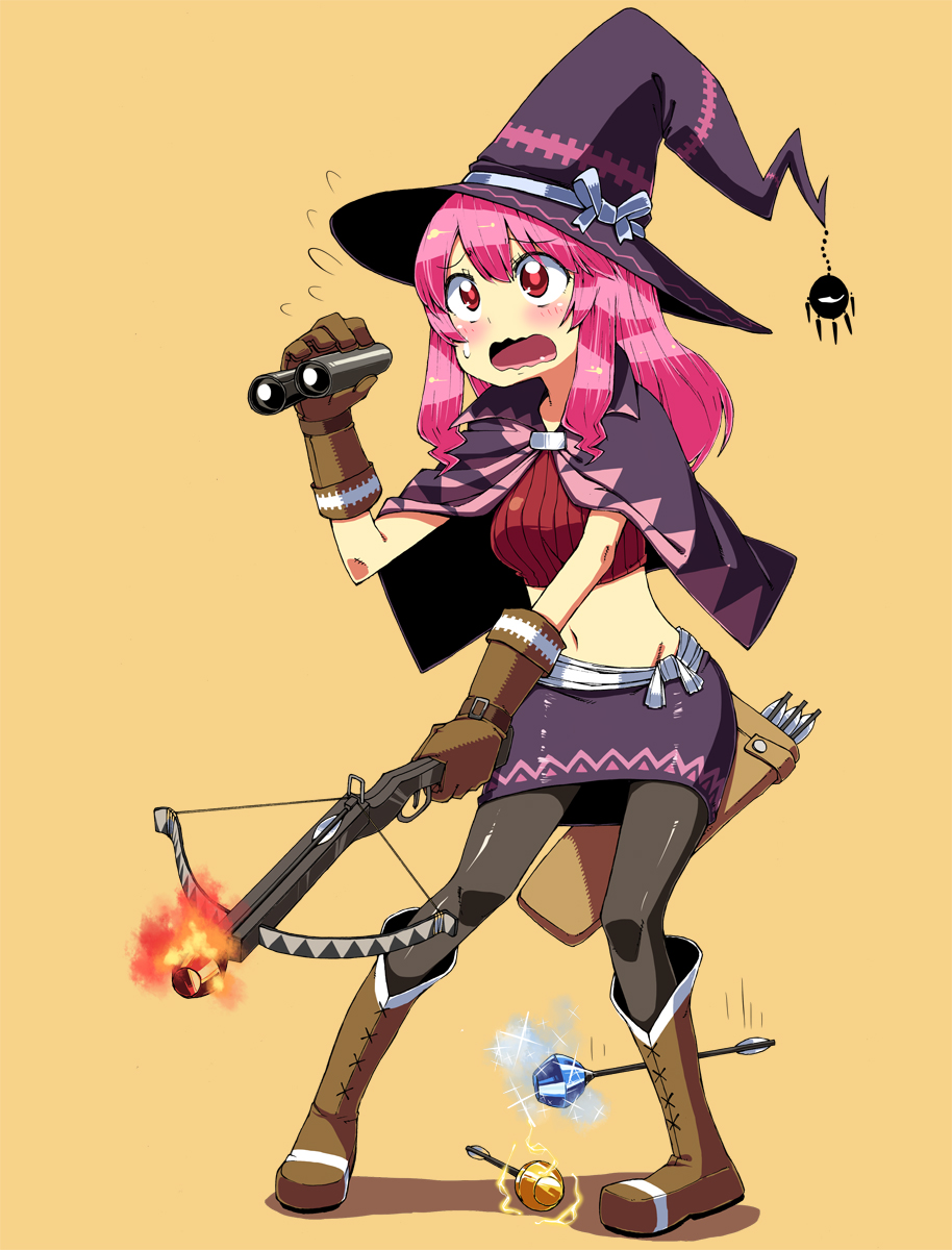 bad_id bad_pixiv_id belt binoculars black_legwear blush boots bow_(weapon) capelet crop_top cross-laced_footwear crossbow flying_sweatdrops full_body gloves hat hat_ribbon highres holding knee_boots lace-up_boots long_hair midriff navel one-eyed open_mouth pantyhose pink_hair pixiv_fantasia pixiv_fantasia_sword_regalia quiver red_eyes ribbed_sweater ribbon simple_background skirt solo standing sweat sweatdrop sweater wavy_mouth weapon witch_hat yaza yellow_background