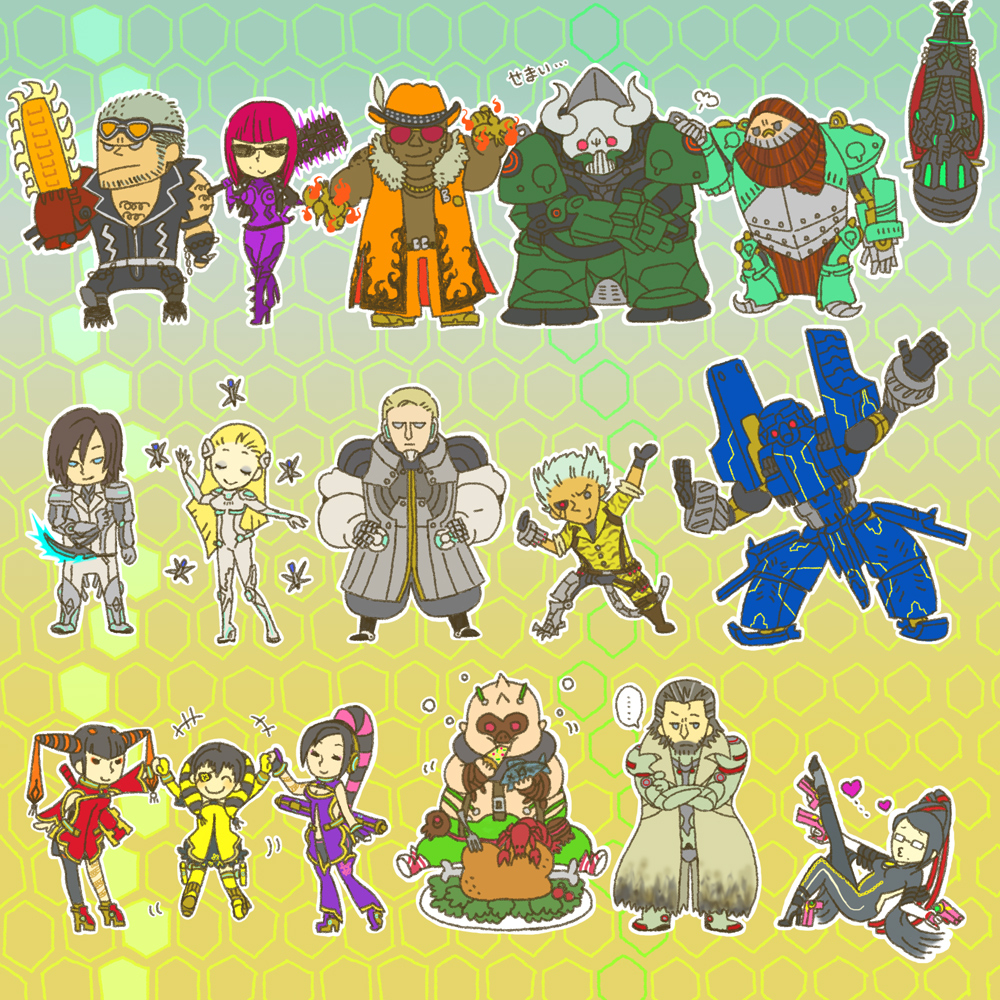 ai_rin anarchy_reigns armor bayonetta bayonetta_(character) big_bull blacker_baron chainsaw chibi cyborg douglas_williamsburg durga_(max_anarchy) edgar_oinkie everyone eyepatch fei_rin food garuda goggles headphones heart hearts horns jack_cayman leonhardt_victorion mace mathilda mathilda_(madworld) max_anarchy maximillian_caxton nikolai_dimitri_bulygin ninja rin_rin sasha_ivanoff sega sunglasses weapon zero_(max_anarchy)