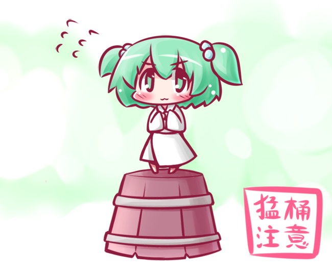 :3 blush green_eyes green_hair hair_bobbles hair_ornament kisume long_sleeves maitora short_hair smile solo standing touhou translated twintails wide_sleeves
