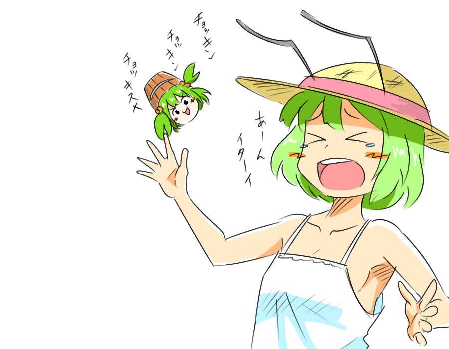 &gt;_&lt; alternate_costume antennae blush bucket closed_eyes collarbone hair_bobbles hair_ornament hat hermit_crab in_bucket in_container kieeyo kisume multiple_girls open_mouth short_hair sleeveless tears touhou twintails wriggle_nightbug