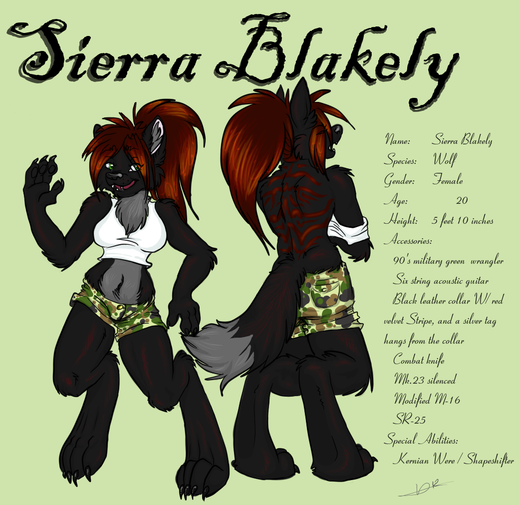 black_fur camo canine clothing digitigrade female fur gray_fur green_eyes grey_fur hair mammal markings model_sheet nataya ponytail red_hair red_markings ref_sheet shirt shorts sierra_blakely wolf