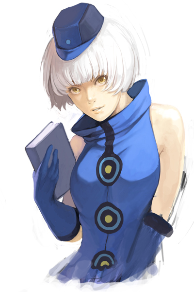bad_id bad_pixiv_id bare_shoulders book elbow_gloves elizabeth_(persona) gloves hat light_smile persona persona_3 short_hair simple_background solo take_no_ko_(dodon) white_hair yellow_eyes