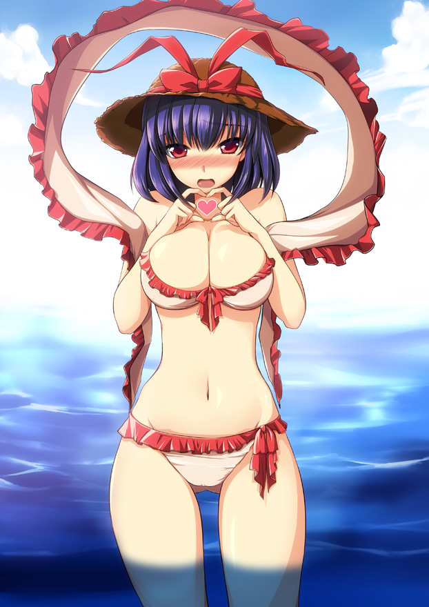 alternate_headwear bare_shoulders bikini blush breasts cleavage embarrassed hat heart heart_hands large_breasts looking_at_viewer nagae_iku narumizg navel ocean open_mouth purple_hair red_eyes shawl short_hair solo straw_hat swimsuit touhou water