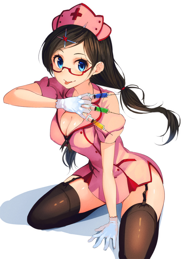 :p banned_artist between_fingers black_hair black_legwear blue_eyes blush breasts cleavage garter_straps glasses gloves hair_ornament hairclip hat holding holding_syringe large_breasts long_hair nurse nurse_cap original paseri red-framed_eyewear solo syringe thighhighs tongue tongue_out white_gloves