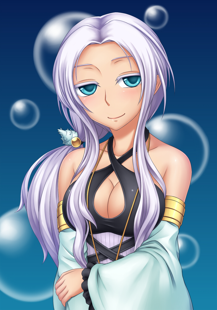 1girl aqua_eyes arm_grab armband bare_shoulders blue_background blush body_blush breasts bubble bust cleavage collarbone detached_sleeves duel_monster female gradient gradient_background green_eyes hair_ornament hair_ornaments halterneck hands head_tilt jewelry light_smile long_hair long_image looking_at_viewer pataniito pataryouto ritua_natalia smile solo standing tall_image upper_body white_hair yu-gi-oh! yuu-gi-ou_duel_monsters