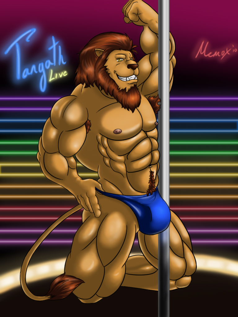 anthro biceps big_muscles bulge chaotic feline flexing fur hairy lion male mammal memox memox_(artist) muscles nipples pecs pole pose presenting showing_off solo speedo stripper swimsuit tangath_toborn_(character) thong topless underwear yellow_eyes