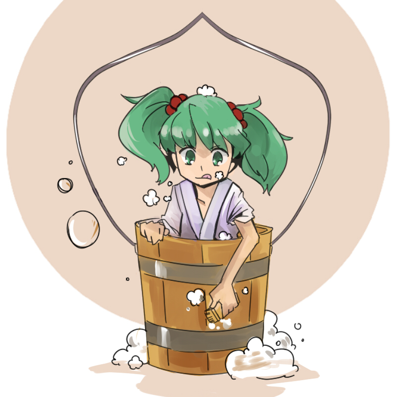 bucket collarbone green_eyes hair_bobbles hair_ornament in_bucket in_container kisume short_hair sleeves_rolled_up solo tongue touhou twintails wooden_bucket zassou_maruko