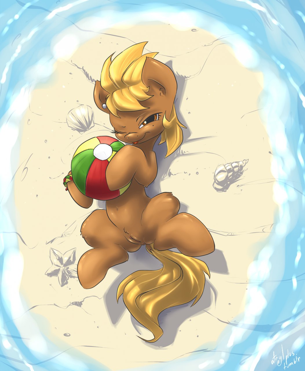 anus atryl beach beach_ball beach_ball_(character) equine female feral horse looking_at_viewer lying mammal my_little_pony nude on_back one_eye_closed original_character pinup pose pussy sand seaside seductive solo spread_legs spreading tongue tongue_out water