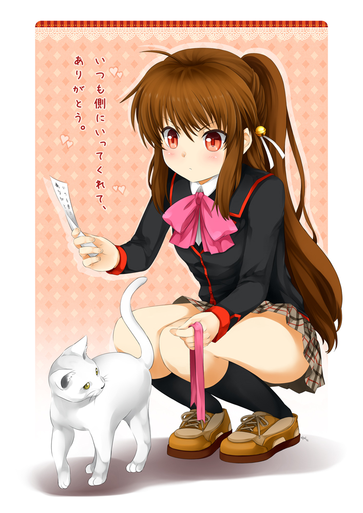 bow brown_hair cat lennon little_busters! long_hair natsume_rin ninamo paper pink_bow plaid plaid_skirt ponytail school_uniform skirt solo squatting translated