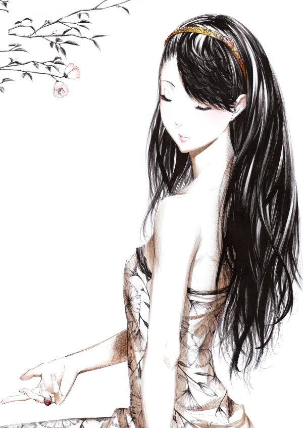 bare_shoulders black_hair closed_eyes copyright_request dress floral_print flower hairband jewelry long_hair monochrome ring solo sousou_(sousouworks) strapless strapless_dress