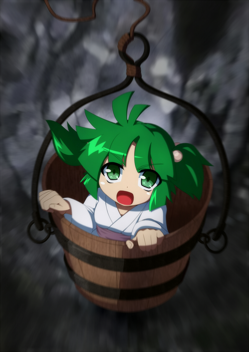 bucket green_eyes green_hair hair_bobbles hair_ornament in_bucket in_container kisume long_sleeves open_mouth rope ryuu_(multitask) short_hair solo touhou twintails wide_sleeves wooden_bucket