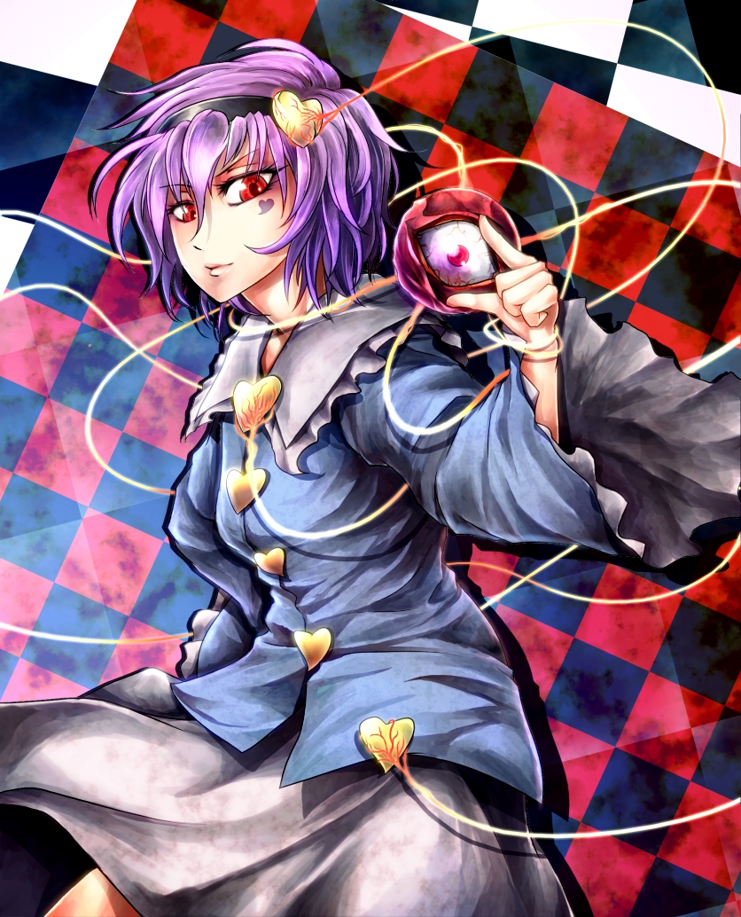 checkered hairband heart komeiji_satori long_sleeves purple_hair red_eyes ryuuichi_(f_dragon) short_hair solo third_eye touhou veins