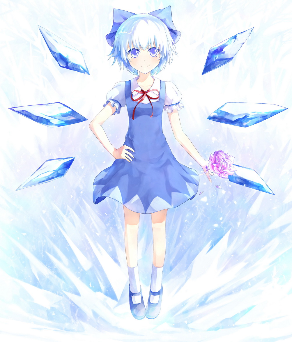 arctic bad_id bad_pixiv_id blue_eyes blue_hair bow cirno dress flower hair_bow hair_ribbon ice ice_wings puffy_sleeves ribbon short_hair short_sleeves smile solo touhou wings