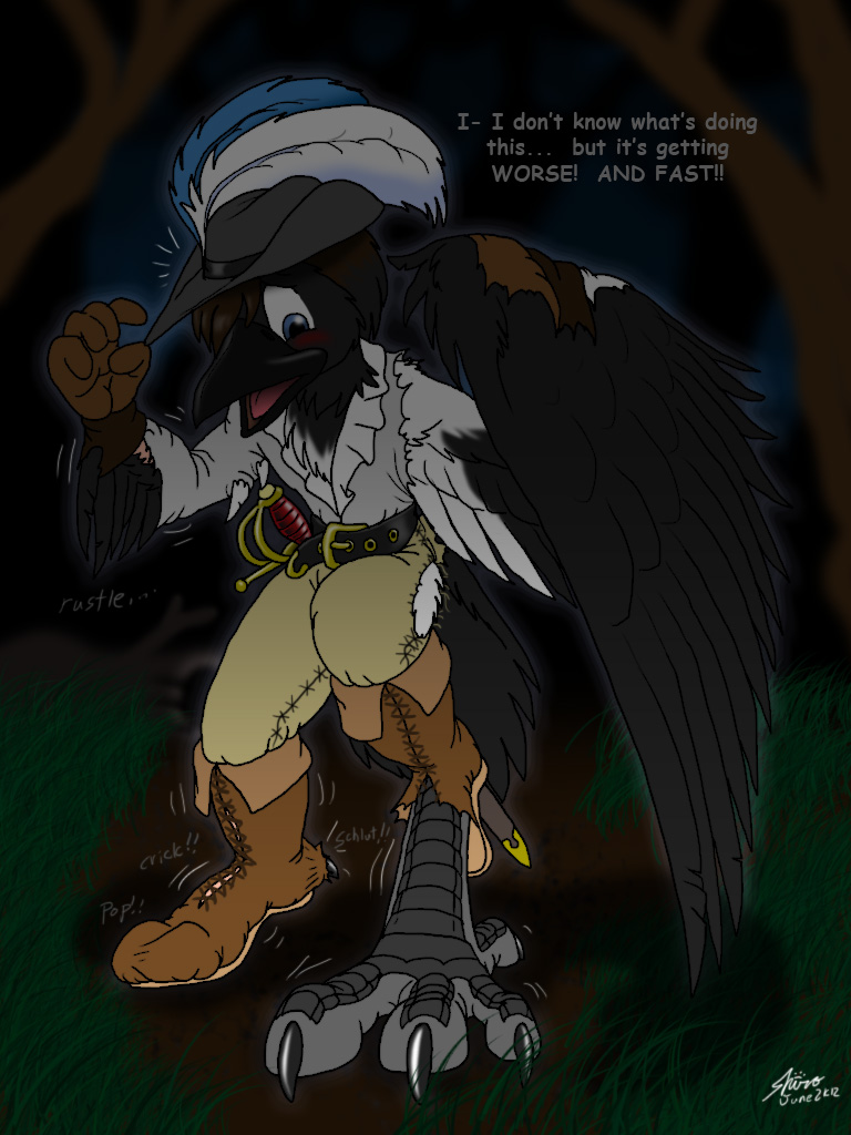 avian beak bird boots catmonkshiro claws clothing corvid feathers forest gloves grass hat magpie male pants scales shirt sword torn_clothing transformation tree weapon wings wood