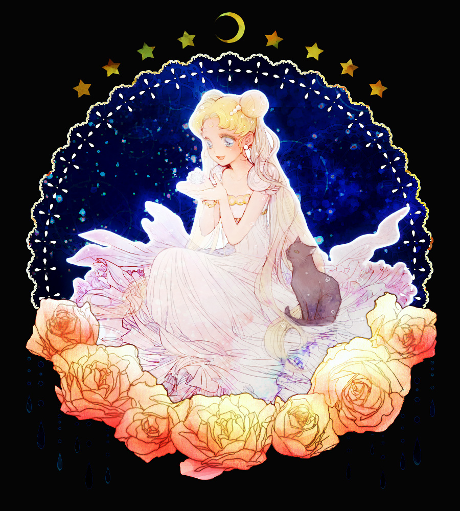 bishoujo_senshi_sailor_moon blonde_hair cat dress flower long_hair luna_(sailor_moon) princess_serenity rose smile tsukino_usagi tsuzuki_(flee_away) twintails very_long_hair white_dress