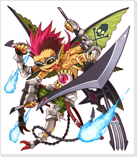armor axe beezlebub_(mygrimoire) blue_fire earrings fingerless_gloves fire full_body gloves goggles jewelry mohawk monster_boy multi_arm multi_limb multiple_arms mygrimoire pink_hair solo sword tattoo third_eye tongue tounge triple_wielding weapon weapons