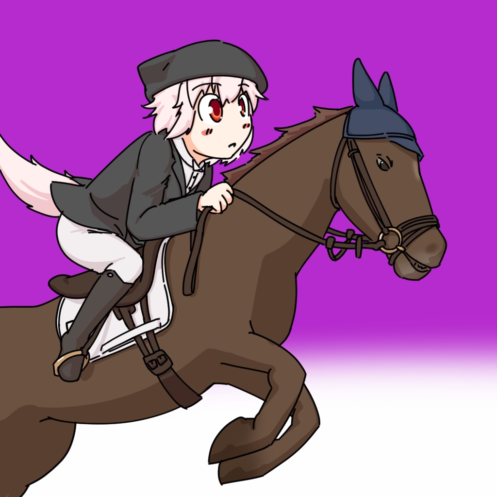 2012_summer_olympics horse horseback_riding inubashiri_momiji nisshisshi olympics purple_background red_eyes riding short_hair solo tail touhou