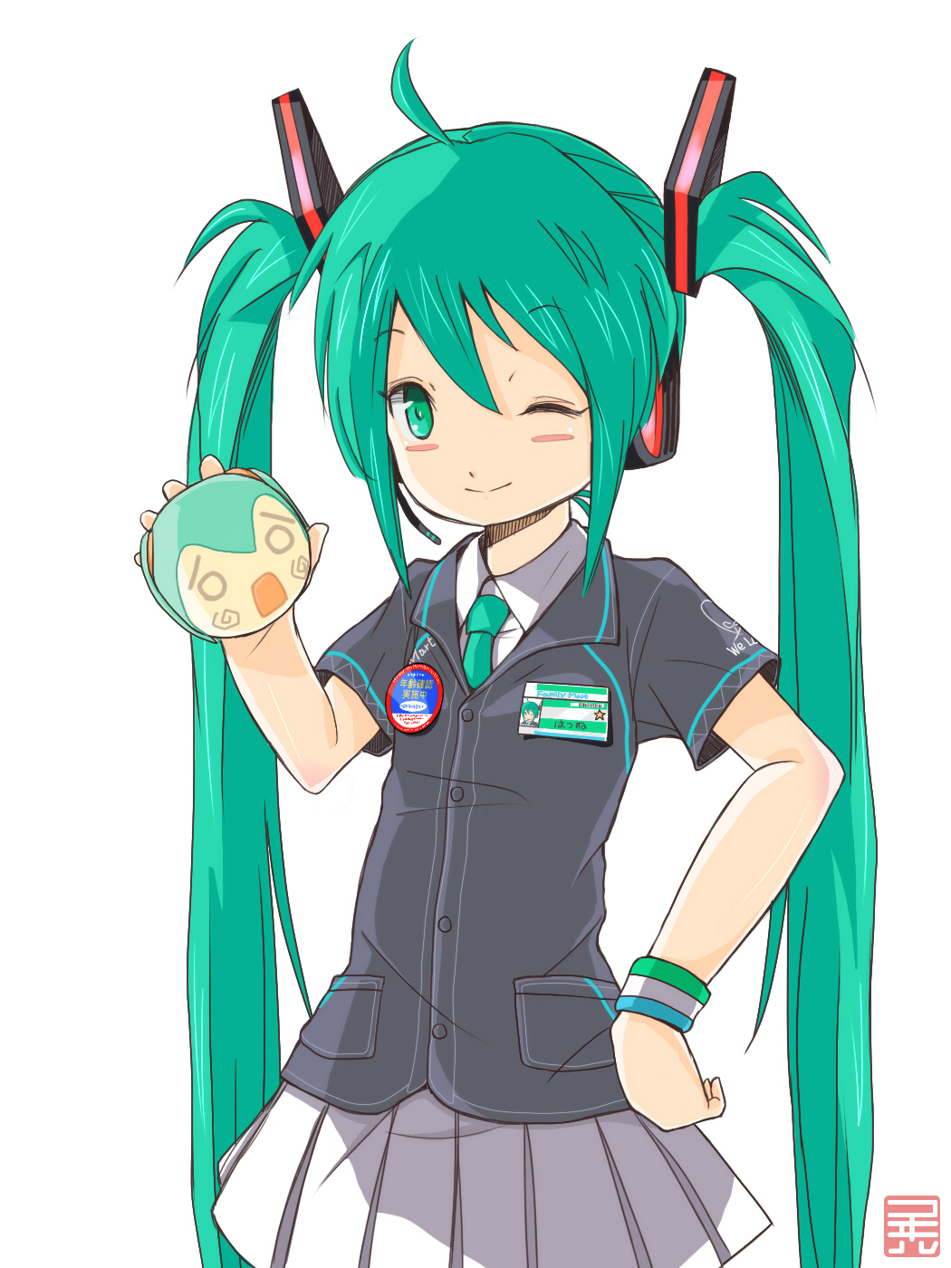 ahoge bracelet employee_uniform familymart green_eyes green_hair hand_on_hip hatsune_miku headset highres jewelry kowiru long_hair name_tag necktie one_eye_closed simple_background skirt smile solo twintails uniform very_long_hair vocaloid white_background