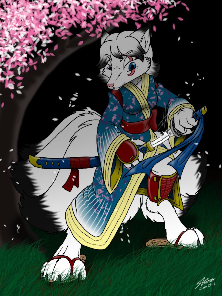 anthro armor canine catmonkshiro claws female fox grass leaves mammal multiple_tails paws robe sandals sword tree weapon wood