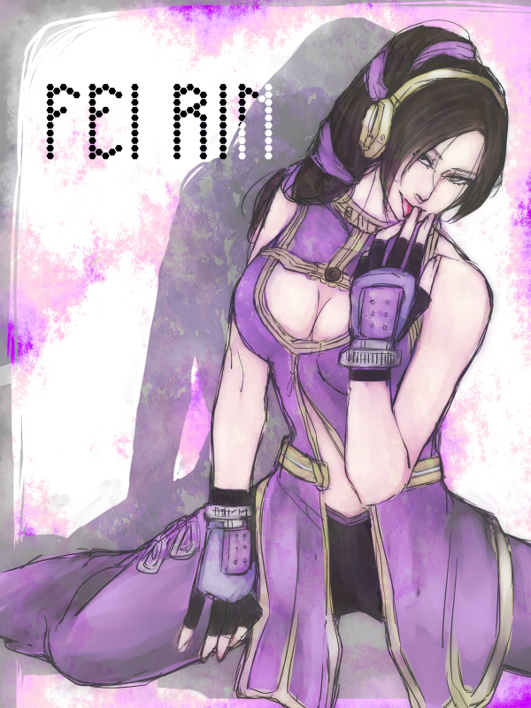 anarchy_reigns black_hair breasts cleavage fei_rin fingerless_gloves gloves hand_to_mouth hand_to_own_mouth headphones large_breasts max_anarchy sega