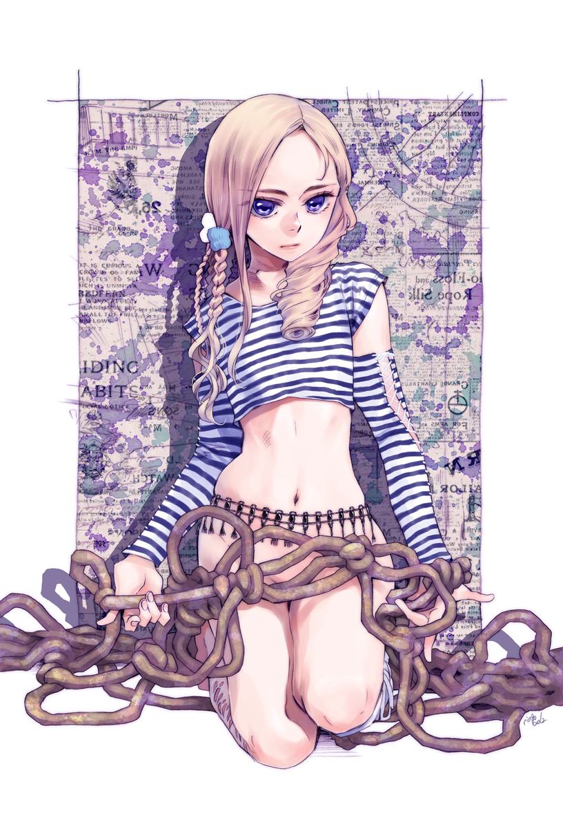 blonde_hair bottomless braid censored convenient_censoring detached_sleeves drill_hair highres holding long_hair looking_at_viewer midriff navel original purple_eyes quad_tails rope shirt solo striped striped_shirt takanashi_ringo