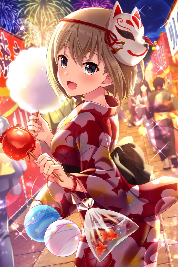 1boy 4girls alternative_girls bag bagged_fish bangs blonde_hair blurry blurry_background blush breasts candy_apple cotton_candy festival fireworks fish floral_print flower food goldfish holding holding_food japanese_clothes kimono lily_(flower) long_sleeves looking_at_viewer mask mask_on_head medium_breasts multiple_girls night night_sky obi official_art open_mouth outdoors plastic_bag red_kimono sash short_hair sky sylvia_richter water_balloon water_yoyo wide_sleeves yukata