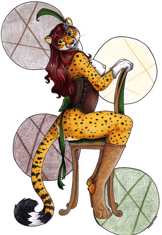 chair cheetah clothed clothing corset feline female foxene legwear mammal sitting skimpy solo stockings