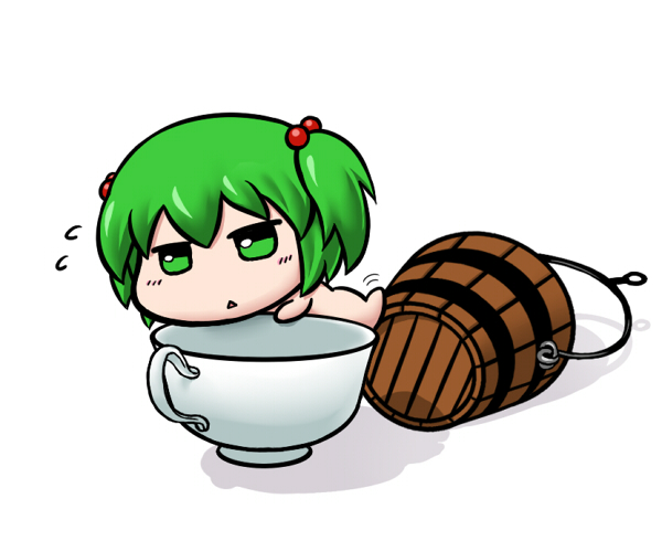 :&lt; bucket cup flying_sweatdrops green_eyes green_hair hair_bobbles hair_ornament kisume nude short_hair solo teacup touhou twintails white_background wooden_bucket yagi_(sinnsyou)