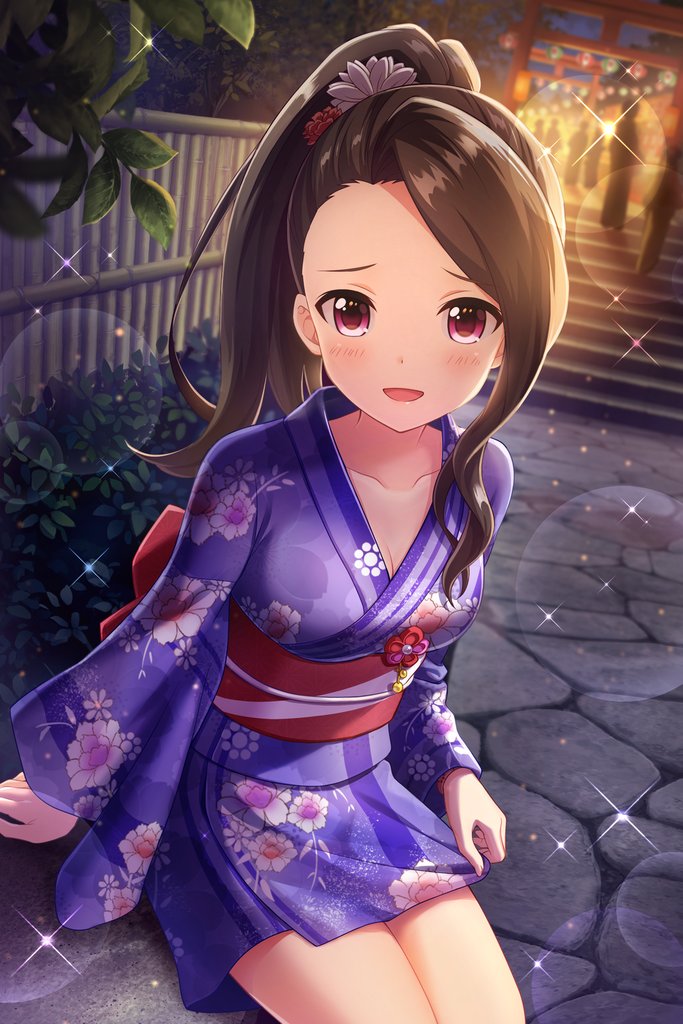 1girl alternative_girls blurry blurry_background blush breasts brown_hair cleavage collarbone dress festival floral_print flower hair_flower hair_ornament high_ponytail japanese_clothes kimono large_breasts leaf long_hair long_sleeves looking_at_viewer night obi open_mouth outdoors pink_eyes purple_kimono saionji_rei sash short_dress sitting smile wide_sleeves