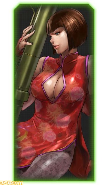 anna_williams bazooka blue_eyes bob_cut breasts bridal_gauntlets brown_hair china_dress chinese_clothes cleavage cleavage_cutout dress elbow_gloves gloves junny large_breasts lipstick makeup nose official_art pantyhose short_hair solo tekken tekken_tag_tournament_2 watermark weapon