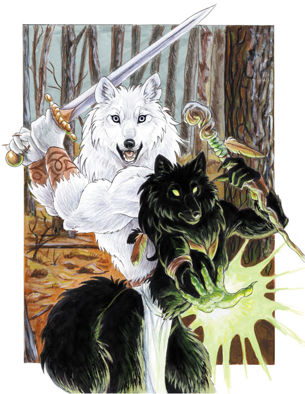 autumn canine couple duo female loincloth magic male mammal megan_giles polearm staff sword topless weapon wolf