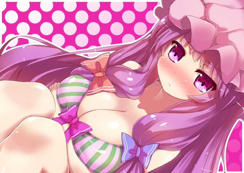 bare_shoulders blush bow bra breasts cleavage hair_bow hat large_breasts long_hair looking_at_viewer patchouli_knowledge purple_eyes purple_hair sidelocks snowcanvas solo striped striped_bra touhou underwear underwear_only very_long_hair