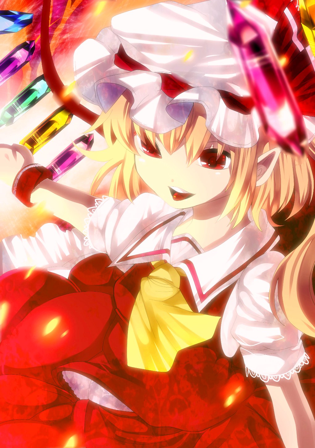 ascot bad_id bad_pixiv_id blonde_hair crystal flandre_scarlet fumiko_(miruyuana) hat highres open_mouth pointy_ears puffy_sleeves red_eyes short_sleeves solo touhou wings wristband