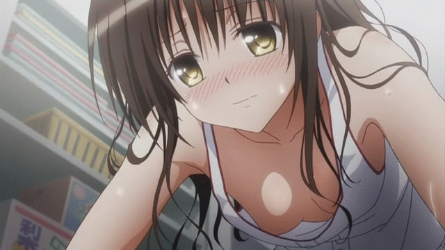 1boy 1girl animated animated_gif blush breasts brother_and_sister brown_hair cleavage down_blouse downblouse flower incest long_hair no_bra siblings small_breasts strap_slip to_love-ru to_love-ru_darkness yuuki_mikan yuuki_rito