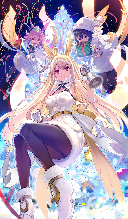 3girls bell black_hair black_legwear blonde_hair boots box capelet christmas christmas_tree commentary_request craft_essence dress fate/grand_order fate_(series) fur-trimmed_dress gift gift_box hat head_wings hildr_(fate/grand_order) long_hair looking_at_viewer mini_hat multiple_girls official_art ortlinde_(fate/grand_order) pantyhose pink_eyes pink_hair red_eyes ring_the_bell santa_hat shirabi short_hair smile streamers thrud_(fate/grand_order) valkyrie_(fate/grand_order) white_capelet white_dress white_footwear white_hat yellow_wings