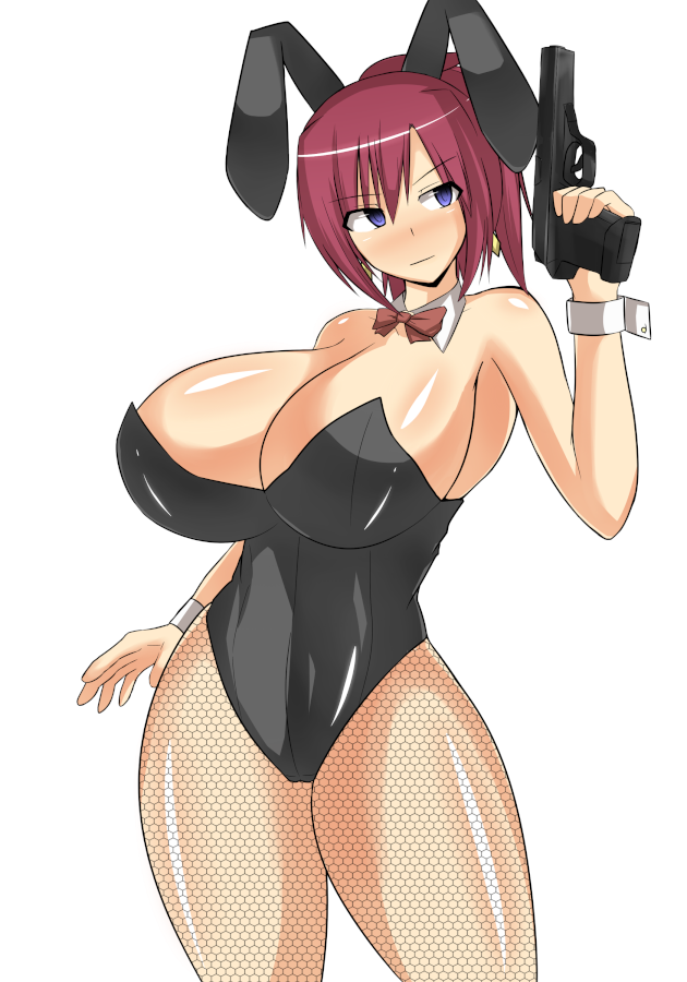1girl animal_costume animal_ears bare_shoulders blue_eyes breasts bunny_costume bunny_ears bunny_girl bunnysuit cleavage curvy female fishnets gun huge_breasts musuka_(muska) red_hair short_hair simple_background solo standing thighs weapon white_background
