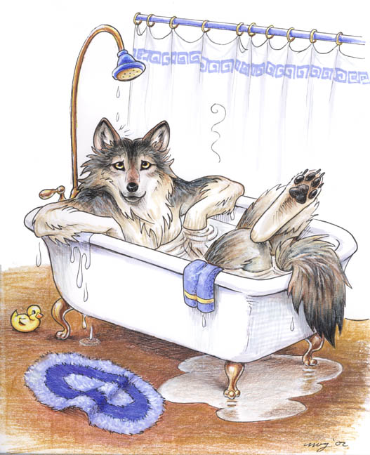 ambiguous_gender bath bathing bathtub canine indoor looking_at_viewer lying mammal megan_giles nude rubber_duck shower solo tub water wet wolf