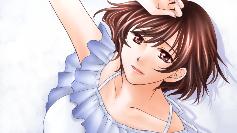 brown_hair dress from_above lips meiko parted_lips pink_eyes short_hair simple_background solo vocaloid