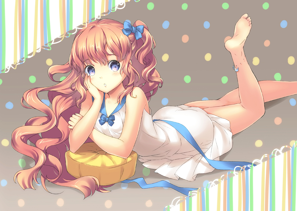 anklet bad_id bad_pixiv_id barefoot blue_eyes bow curly_hair dress feet hair_bow hand_on_own_face jewelry legs_up long_hair looking_at_viewer lying on_stomach one_side_up orange_hair original pillow sleeveless sleeveless_dress soles solo toes unya_(unya-unya) wavy_hair