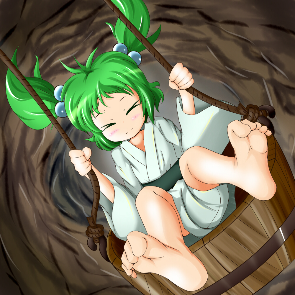 antenna_hair barefoot breasts bucket cleavage closed_eyes collarbone green_hair hair_bobbles hair_ornament in_bucket in_container kisume long_sleeves nori_nori_ex short_hair small_breasts solo touhou twintails wide_sleeves wooden_bucket